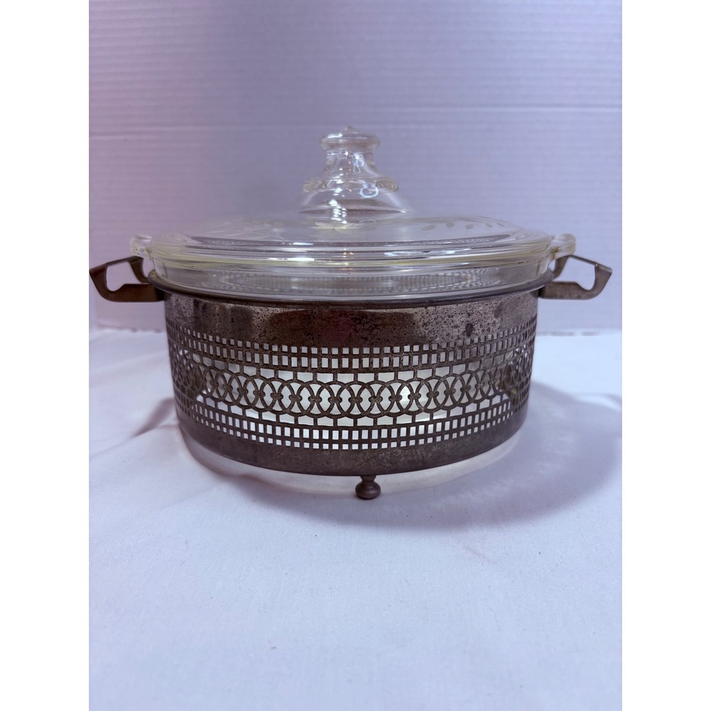 Pyrex Clear Glass Etched Floral Casserole Dish with Silver Filigree Cradle Antq